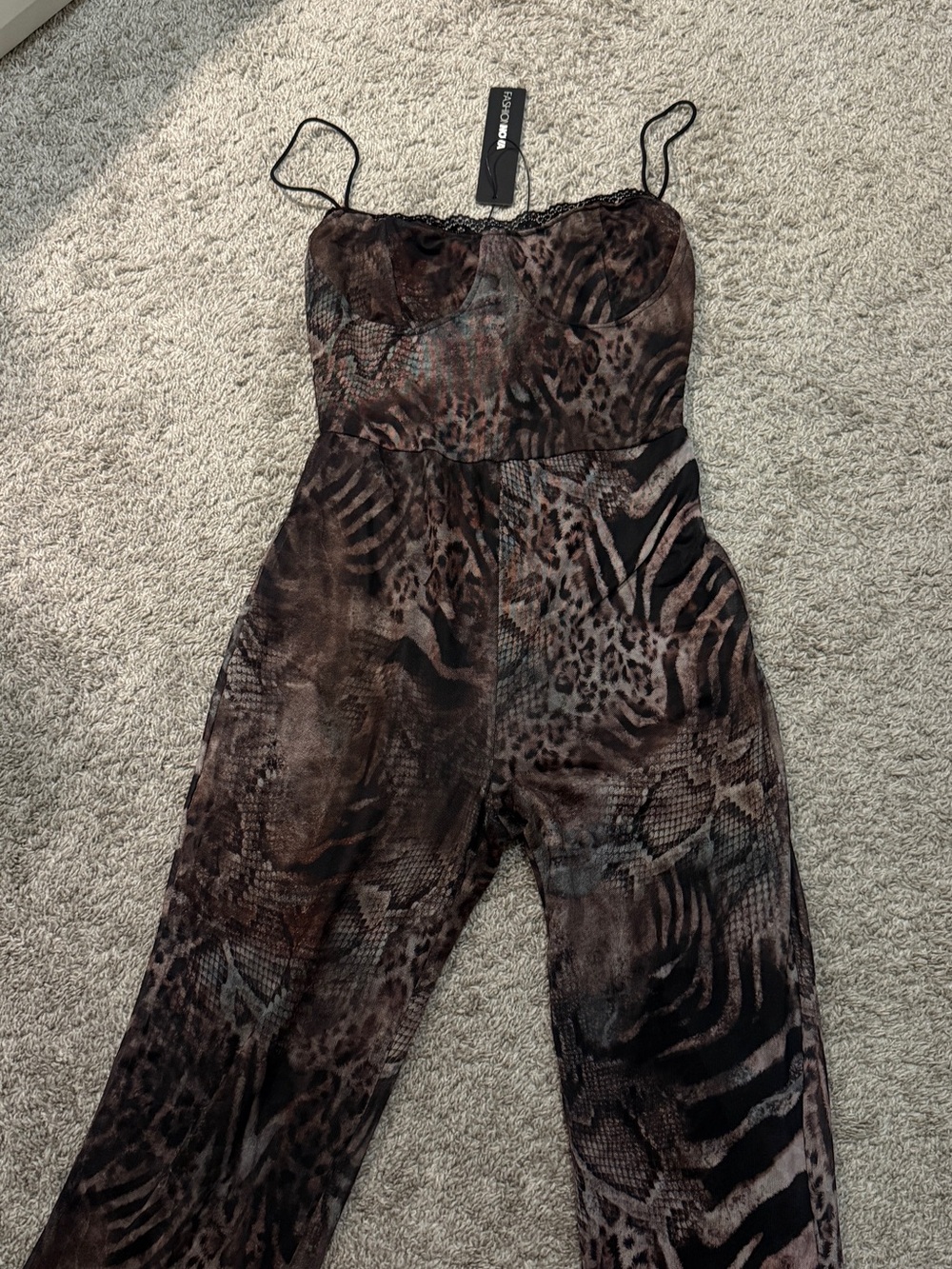 Fashion Nova Brown and Black Animal Print Spaghetti-Strap Jumpsuit